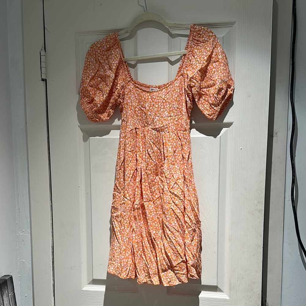 Billabong Orange Ruched Puff Sleeve Sundress